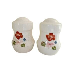 Vintage Floral Speckled Stoneware Salt & Pepper Shakers Hand Painted Flowers